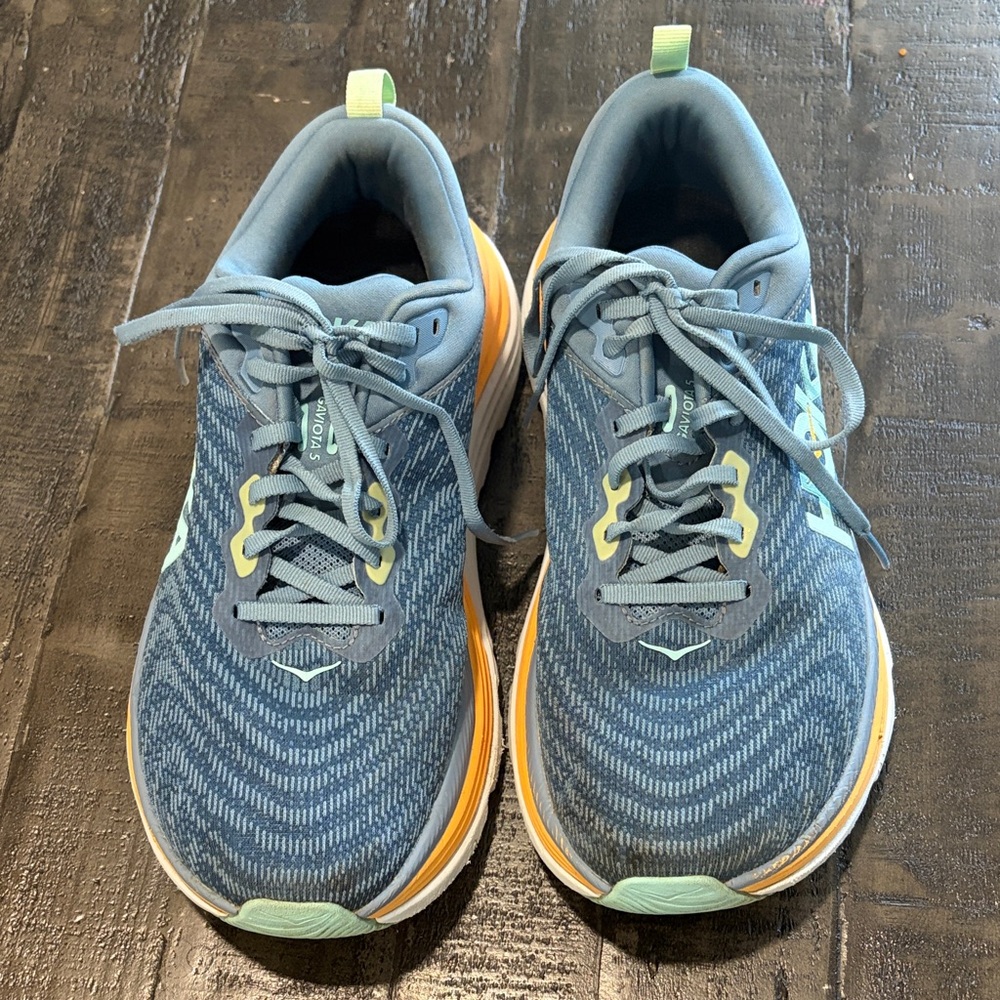Hoka Blue Teal Athletic Running Shoes with Orange Accents